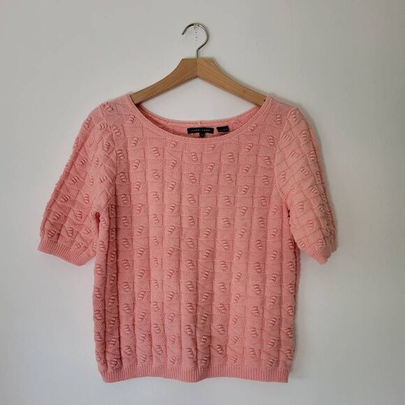 Vintage Jean Pierre Textured Knit 100% Cotton Sweater Peach Pink Short Sleeve M - Picture 1 of 6